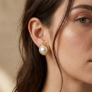 Gold Tone Large Pearl Stud Earrings – Classic Round Bezel Set Faux Pearl Button Earrings – Elegant Vintage Style Statement Jewelry for Women