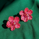 Gold Tone Pink Enamel Flower Stud Earrings – Textured Blooming Floral Statement Studs with Crystal Center – Tropical Summer Jewelry Gift for Her