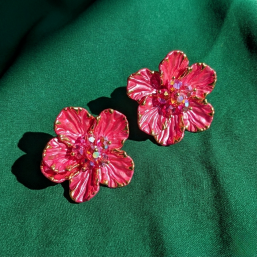 Gold Tone Pink Enamel Flower Stud Earrings – Textured Blooming Floral Statement Studs with Crystal Center – Tropical Summer Jewelry Gift for Her
