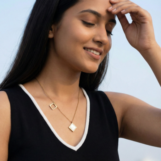 Gold Tone Geometric Asymmetrical Necklace – Open Square & Mother of Pearl Diamond Station Pendant – Modern Minimalist Jewelry for Women