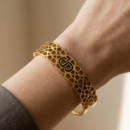 Gold Tone Designer Style Bangle & Ring Set – Geometric Link Pattern Hinged Cuff with Black Enamel Monogram Logo – Luxury Statement Jewelry for Women