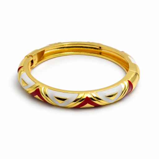 Luxury Gold Enamel Bangle Bracelet with Red & Ivory Geometric Inlay | Elegant Designer Jewelry