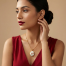 Gold Tone Vintage Style Oval Pendant Necklace – White Enamel & Red Floral Locket Look – Romantic Botanical Jewelry Gift for Women