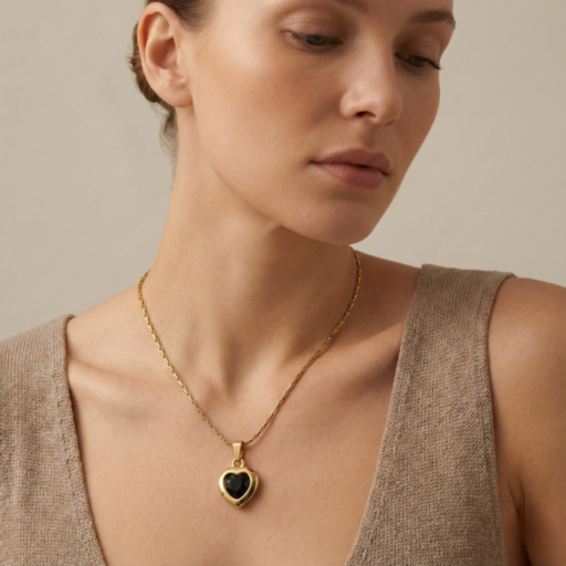 Gold Tone Black Onyx Style Heart Pendant Necklace – Bezel Set Love Symbol Charm on Fancy Link Chain – Minimalist Romantic Jewelry Gift