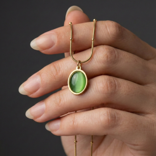 Gold Tone Green Cat’s Eye Stone Pendant Necklace – Vintage Style Oval Gemstone Solitaire on Snake Chain – Minimalist Daily Wear Jewelry