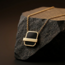 Gold Tone Geometric Rectangle Pendant Necklace – Black Onyx Style with Horizontal Gold Bar Accent – Modern Art Deco Jewelry for Women