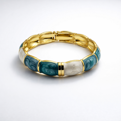 Luxury Gold Enamel Bracelet with Teal & Ivory Marble Inlay | Elegant Designer Statement Jewelry
