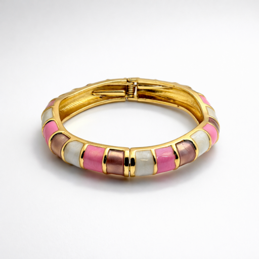 Luxury Gold Multicolor Enamel Bangle Bracelet with Pink, Ivory & Mocha Inlay | Elegant Designer Jewelry