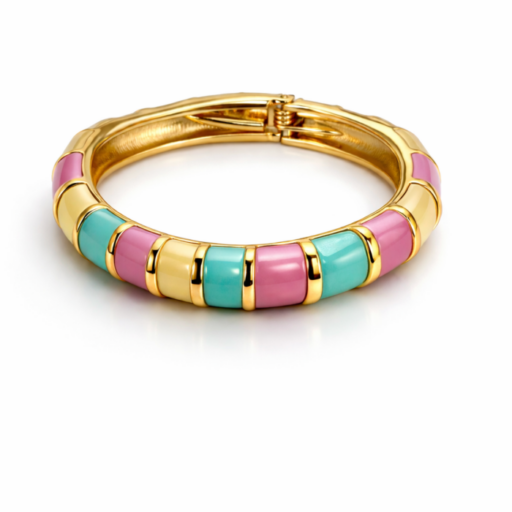 Luxury Gold Multicolor Enamel Bangle Bracelet with Pink, Teal & Yellow Inlay | Elegant Designer Jewelry