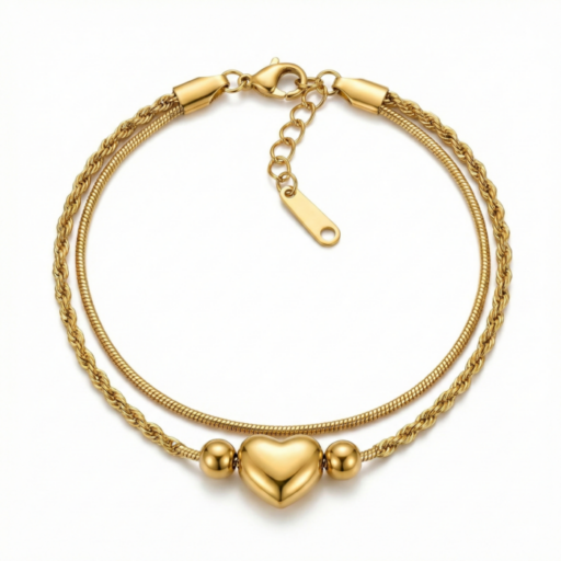 Gold Heart Charm Double Chain Bracelet | Minimal Love Jewelry for Women